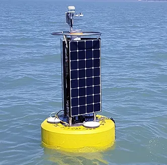 Buoy with a solar panel supporting a submerged, deployed Wiz Probe